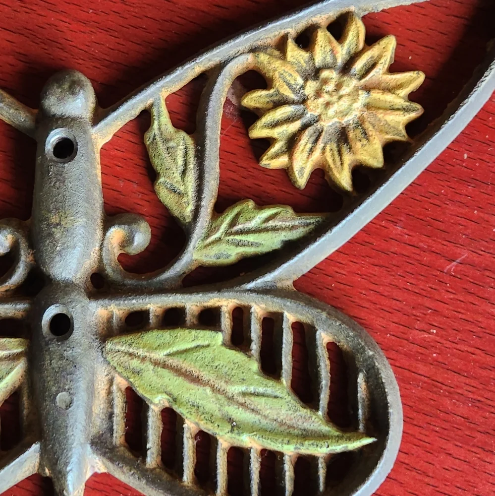Marker's Marked Painted Iron Butterfly Wall Hook Sunflower and Leaf Detail